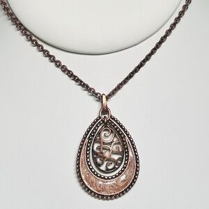 Scrolled Copper tone Swirled Brown and Metallic Enameled Tear Drop Necklace